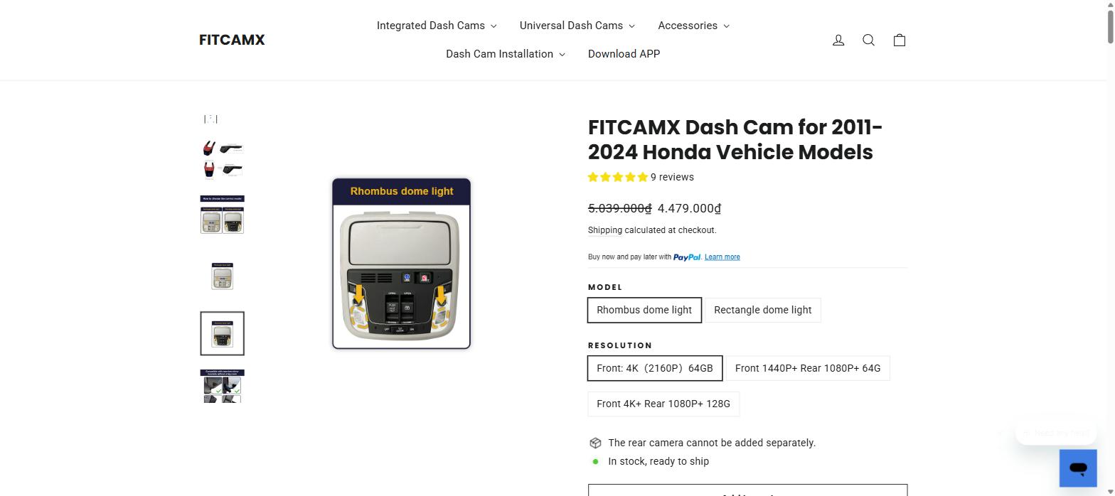 FITCAMX product page showing Honda rhombus dome light model selection