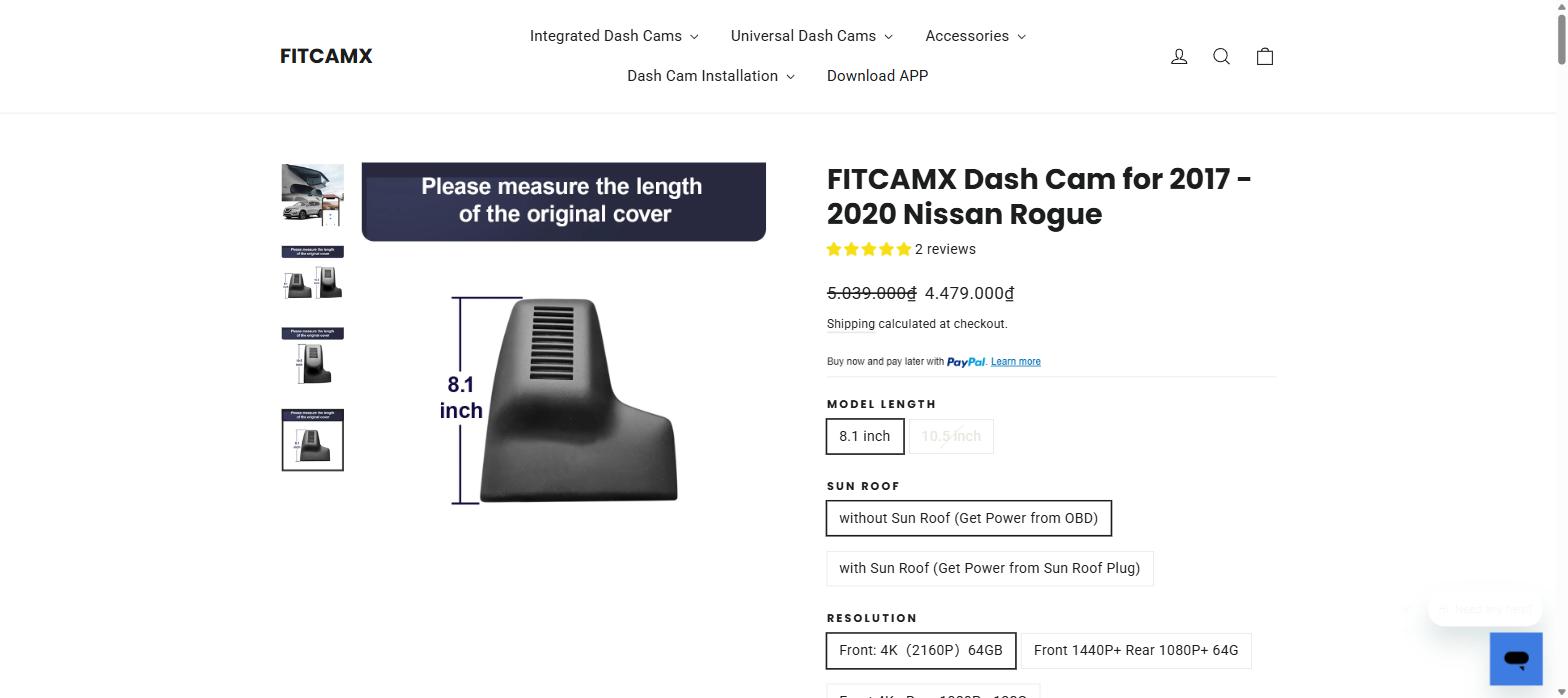 FITCAMX product page showing Nissan Rogue mirror cover length measurement