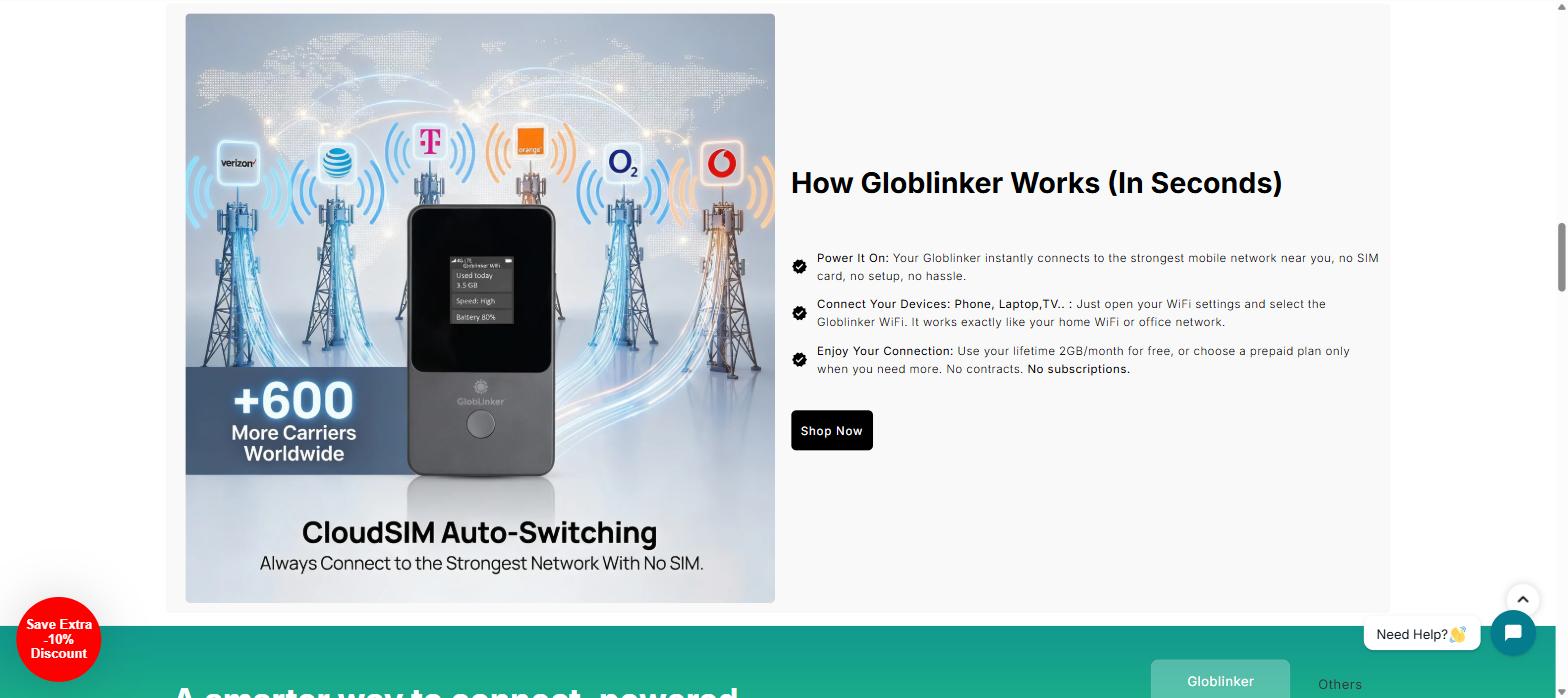 GlobLinker CloudSIM auto-switching between Verizon, AT&T, T-Mobile and other carriers