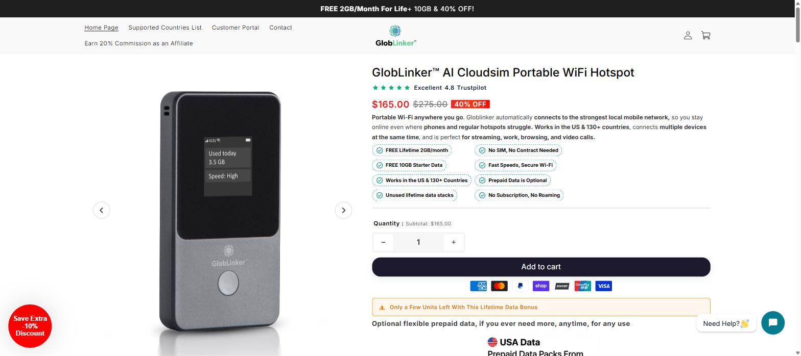 GlobLinker AI CloudSIM Portable WiFi Hotspot product page