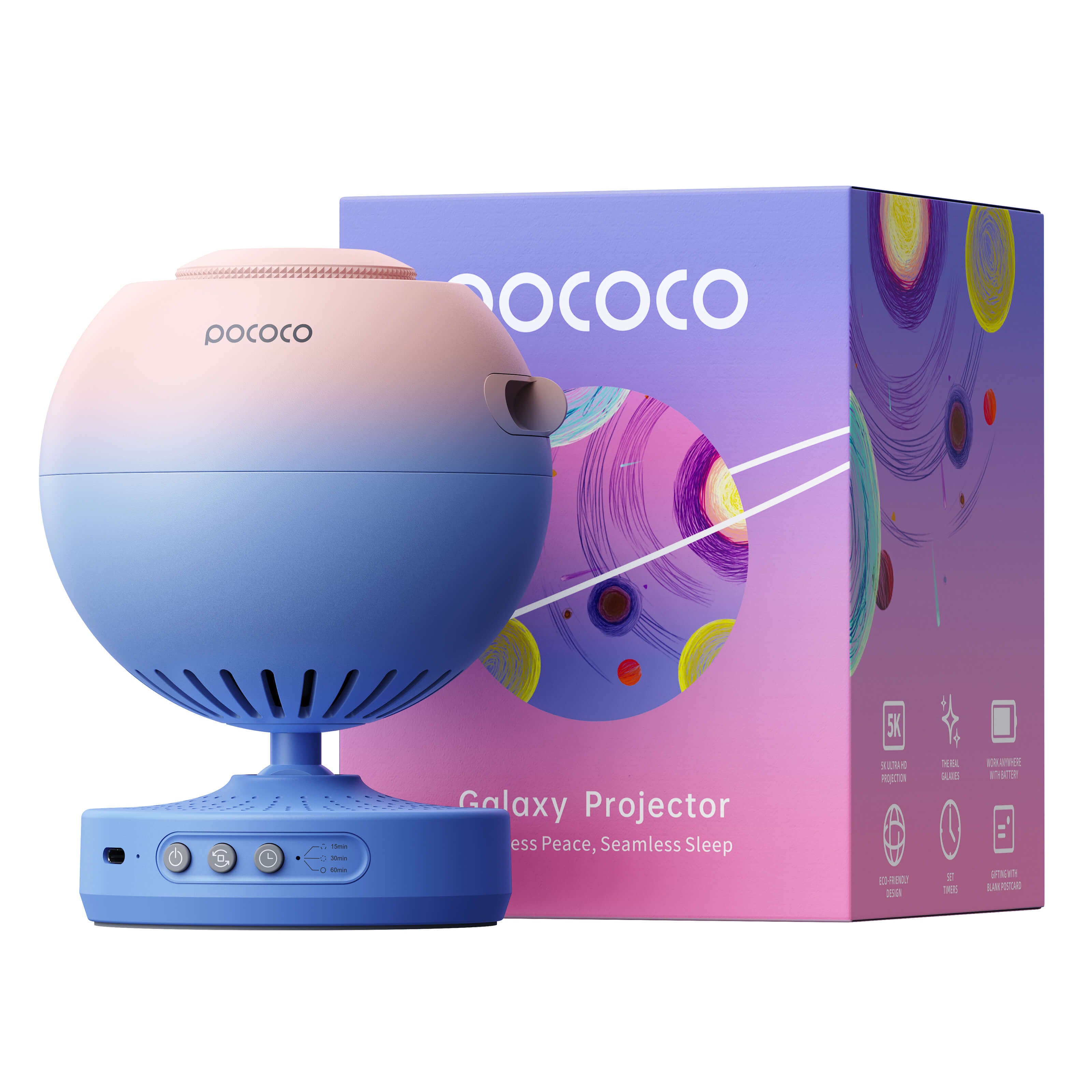 POCOCO star projector device and packaging box in Blue and Pink colorway