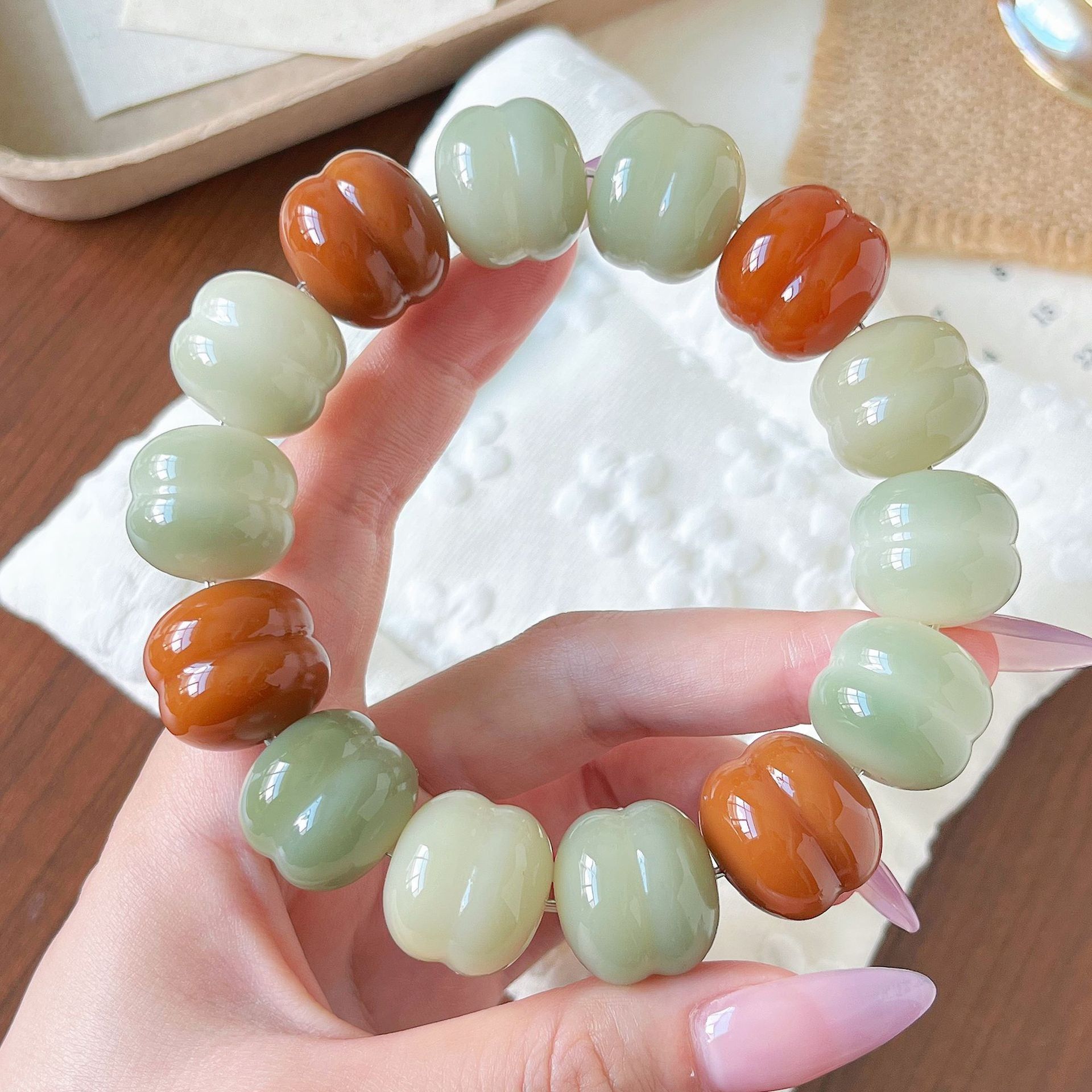 Large carved hamburger bead bodhi root bracelet sold by Buddha3Bodhi
